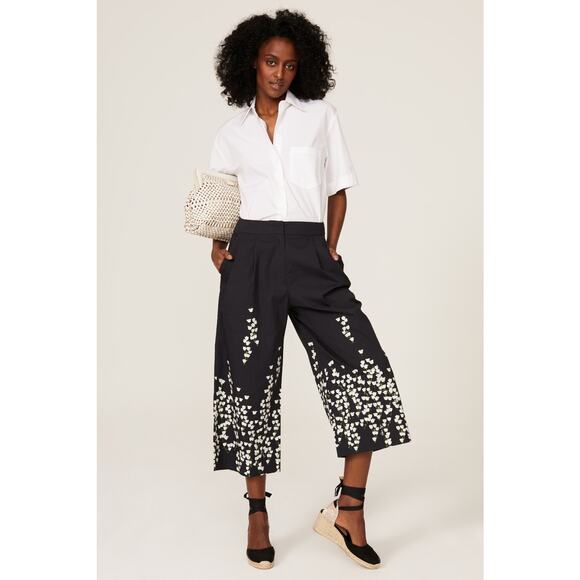 Adam Lippes Navy Blue Pleat Front Floral Print Cropped Culotte Pants Size 10 - Picture 1 of 14